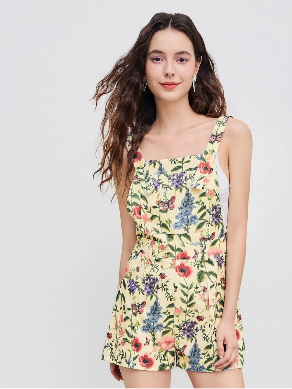 CIDER Floral Corduroy Garden Print High Waist Romper Shorts Jumpsuit